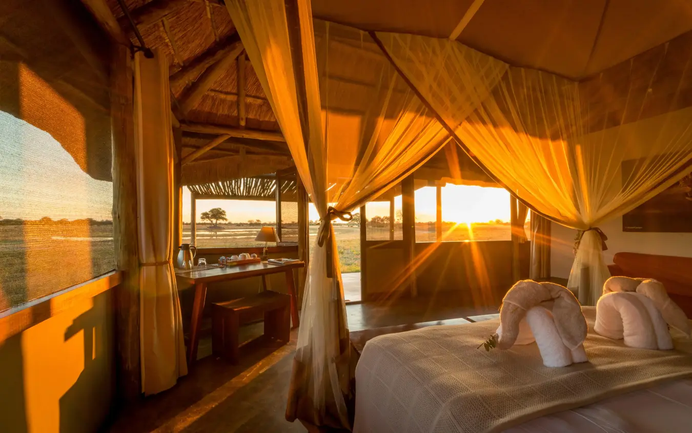 Bedroom with golden sunrise light through open curtains, Camp Hwange, Hwange National Park, Zimbabwe