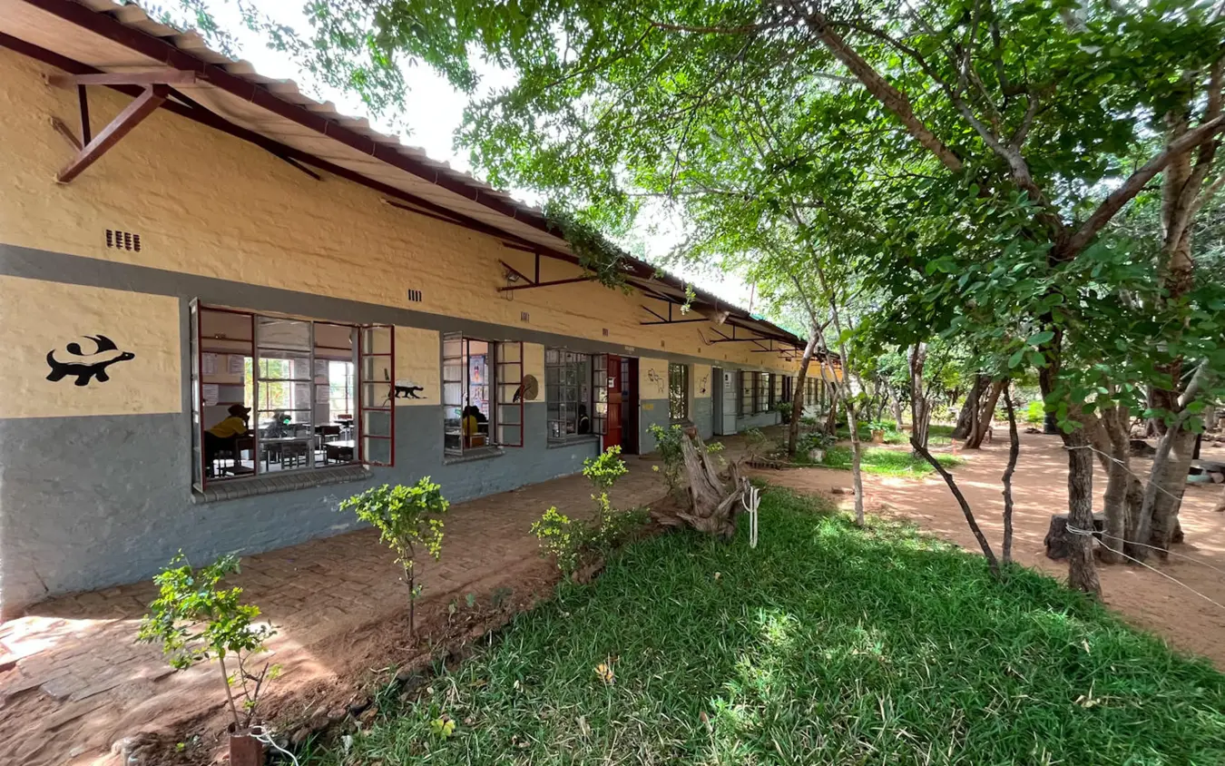 Colonial-style lodge building with covered veranda and shaded trees, Camp Hwange, Hwange National Park, Zimbabwe