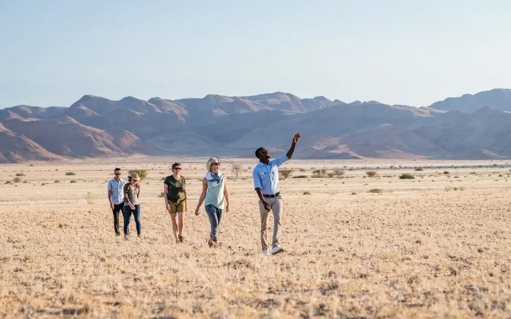 Group of guests walking across desert landscape with mountains, Camp Sossus, Sossusvlei, Namibia