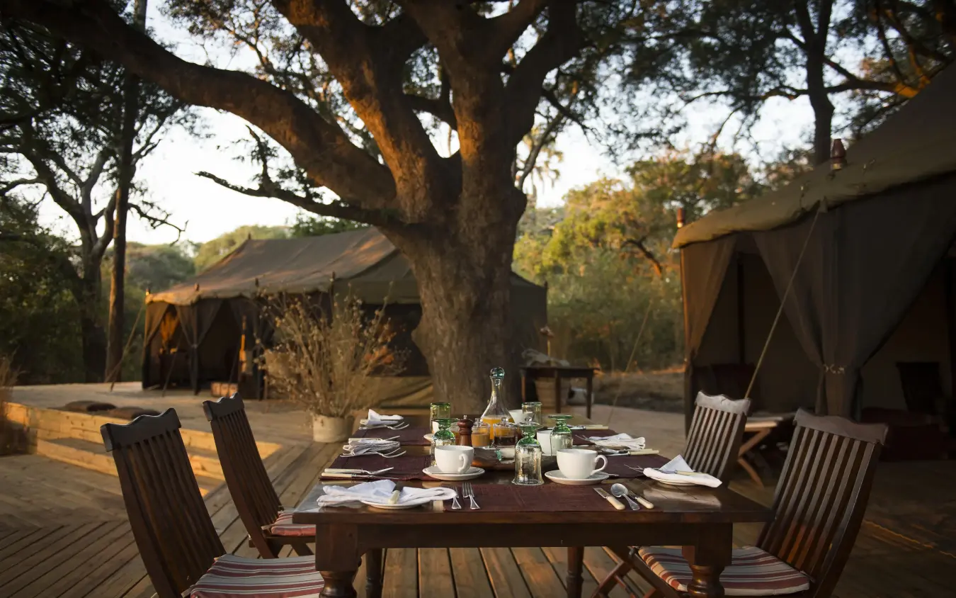 Outdoor dining setup under large tree with canvas tents, Chada Camp, Katavi National Park, Tanzania