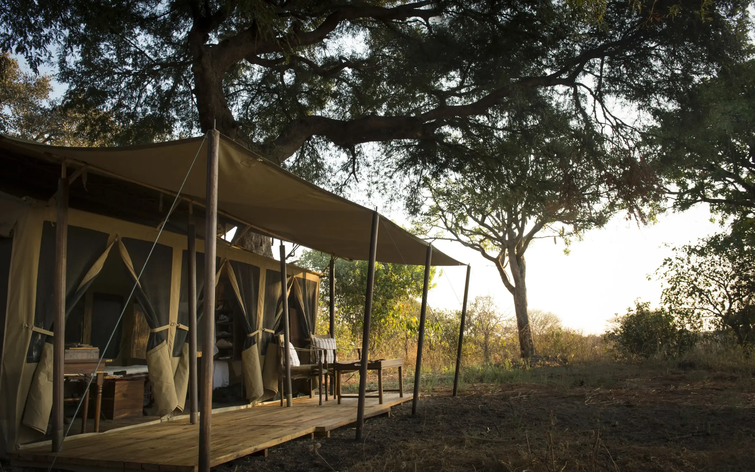 Safari tent lodge with wooden deck under large trees, Chada Camp, Katavi National Park, Tanzania