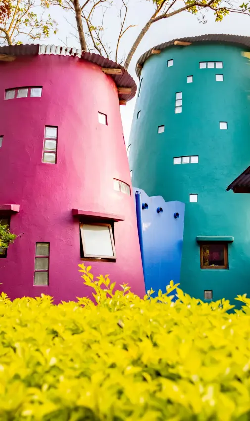 Colorful cylindrical buildings with yellow flowering plants, Chameleon Hill Lodge, Lake Mutanda, Uganda