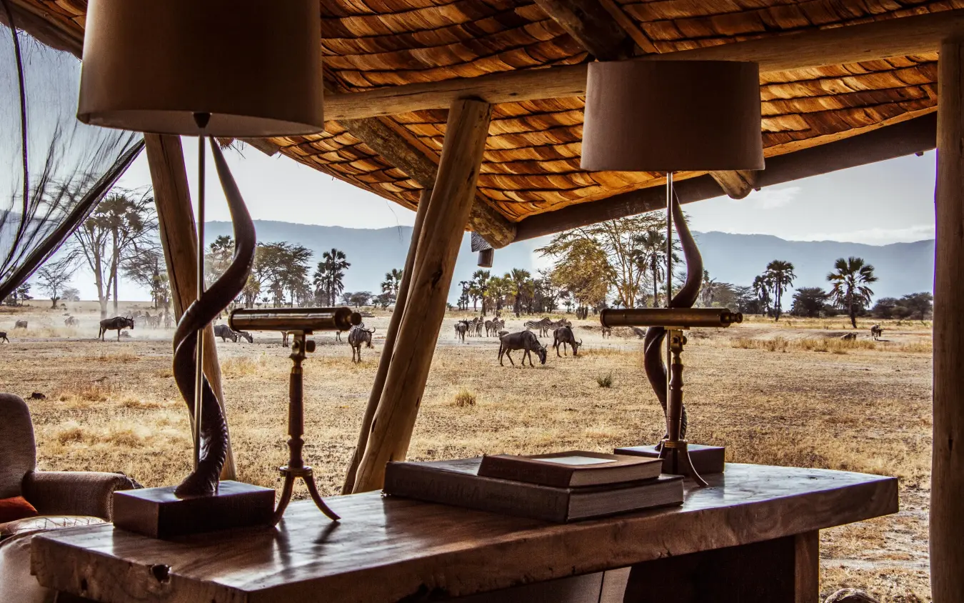 Safari lodge deck overlooking savanna with wildlife grazing, Chem Chem Lodge, Lake Manyara, Tanzania