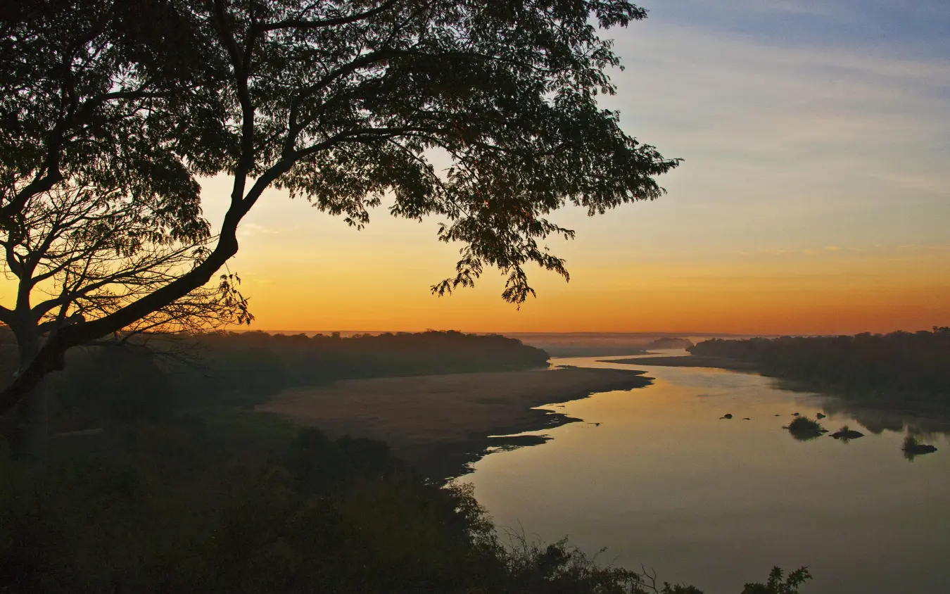 River valley at sunset with tree silhouette, Chilo Gorge Safari Lodge, Gonarezhou & Malilangwe, Zimbabwe