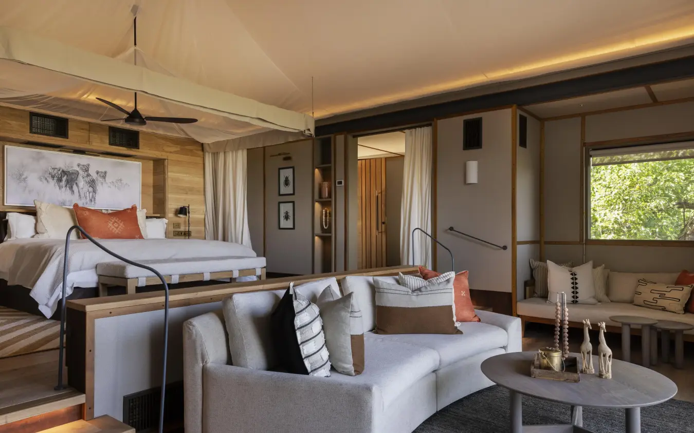 Spacious bedroom suite with separate lounge seating area, Chitabe Camp, The Okavango Delta, Botswana