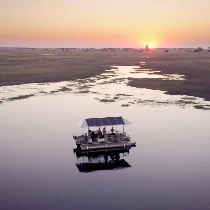 Solar-powered boat on still water at sunrise with wetland landscape, Chobe, Botswana