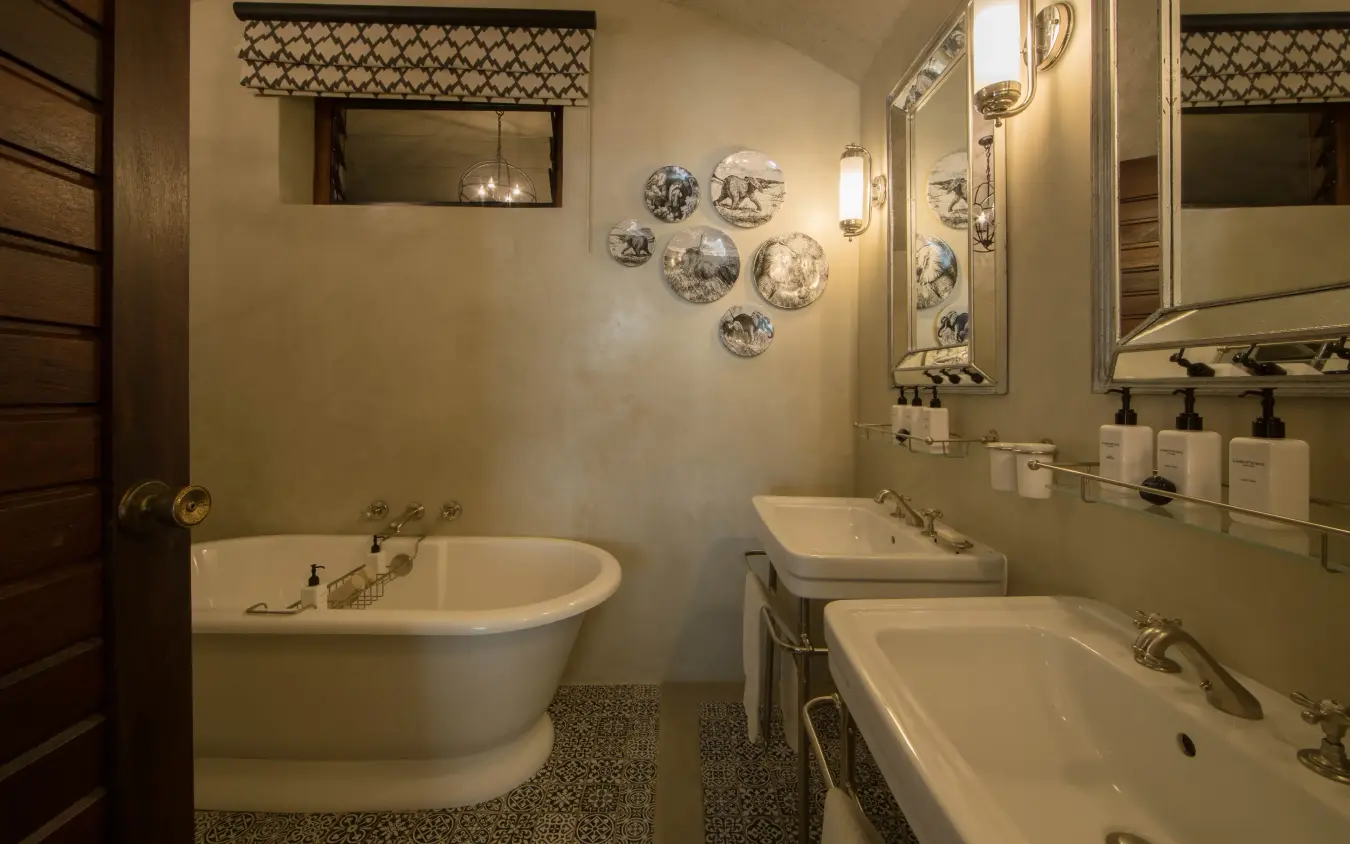 Luxury bathroom with freestanding tub and dual vanities with pendant lighting, Chobe Game Lodge, Chobe, Botswana