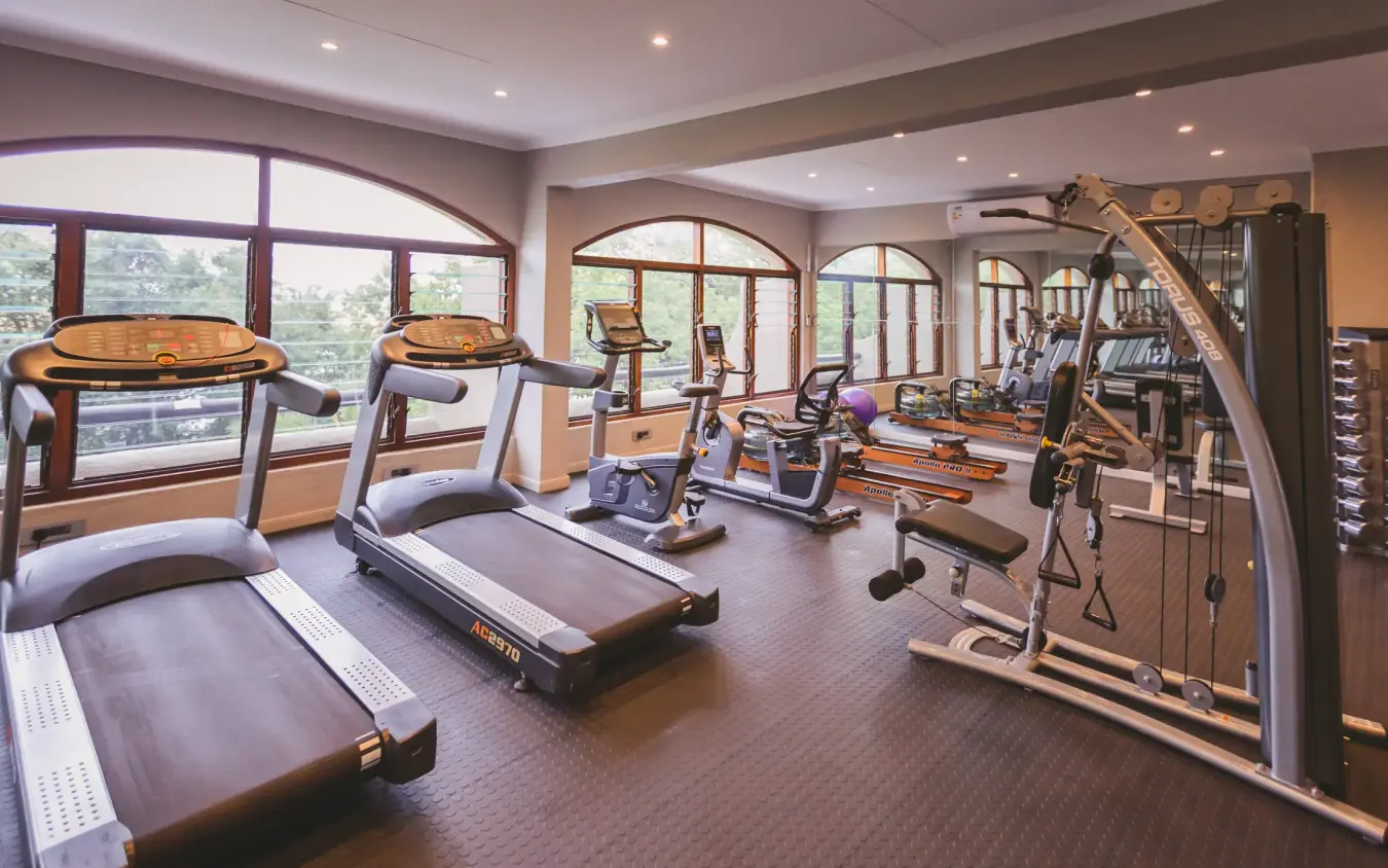 Modern gym with treadmills and exercise equipment overlooking treetop landscape, Chobe Game Lodge, Chobe, Botswana