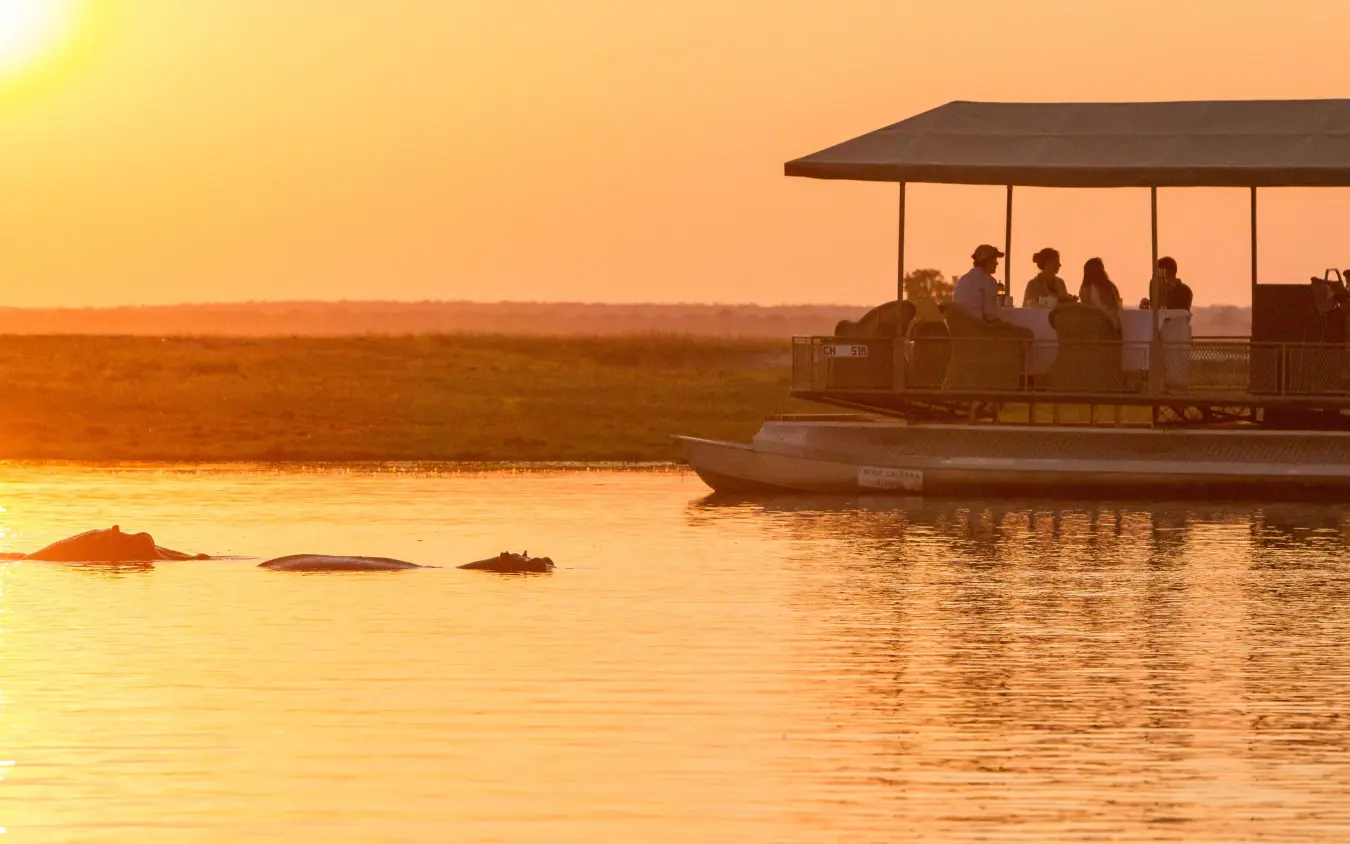 Guests on safari boat at sunset viewing wildlife in water, Chobe Savanna Lodge, Zambezi Region, Namibia