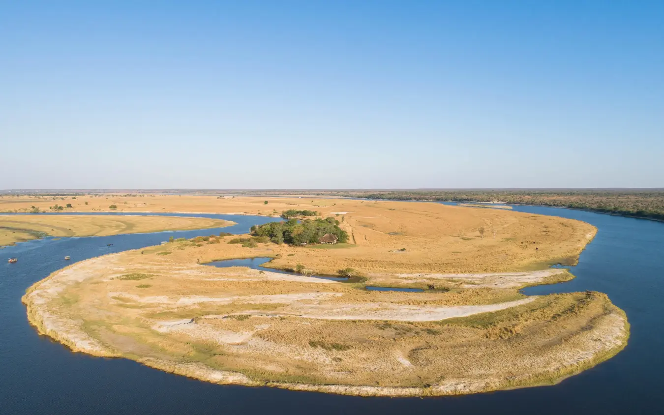 Aerial view of river meander with islands and savannah, Chobe Savanna Lodge, Zambezi Region, Namibia