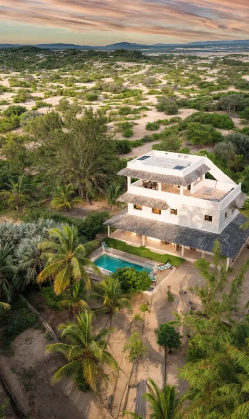 Modern white house with pool surrounded by palms and trees, Chuchungi House, Lamu Archipelago, Kenya