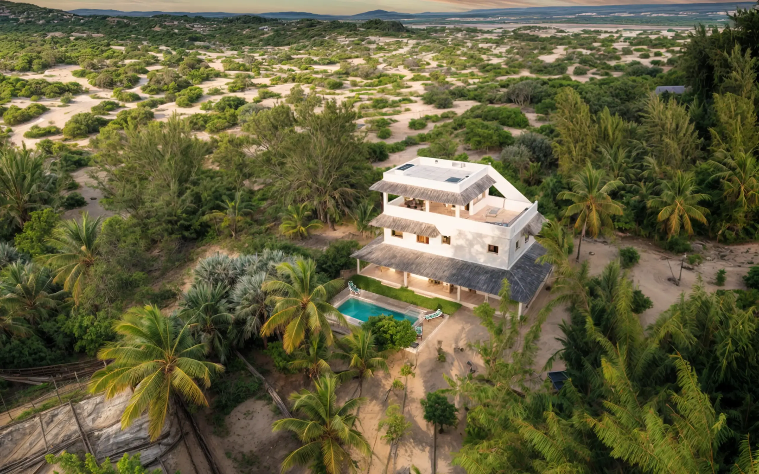 Modern white house with pool surrounded by palms and trees, Chuchungi House, Lamu Archipelago, Kenya