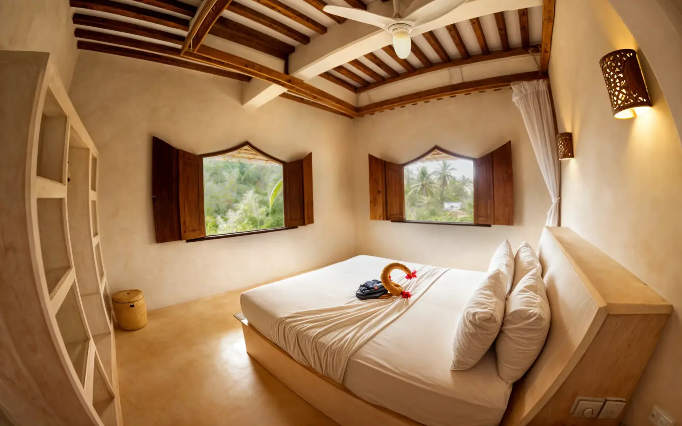 Bedroom with wooden beamed ceiling and two windows, Chuchungi House, Lamu Archipelago, Kenya