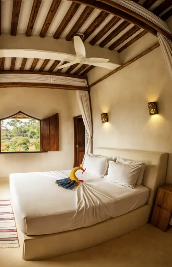 Spacious bedroom with curved bed and arched wooden ceiling, Chuchungi House, Lamu Archipelago, Kenya