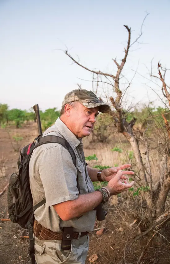 Experienced guide gesturing while explaining landscape features in dry bushland, Daka Plains Camp, Hwange National Park, Zimbabwe