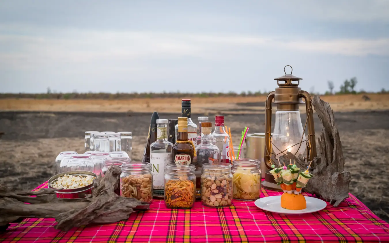 Picnic spread with bottles and snacks on plaid blanket in open grassland, Daka Plains Camp, Hwange National Park, Zimbabwe
