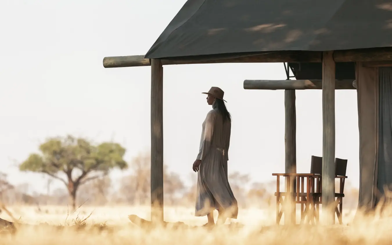 Woman standing under thatched shelter overlooking dry savanna landscape, Davison’s Camp, Hwange National Park, Zimbabwe