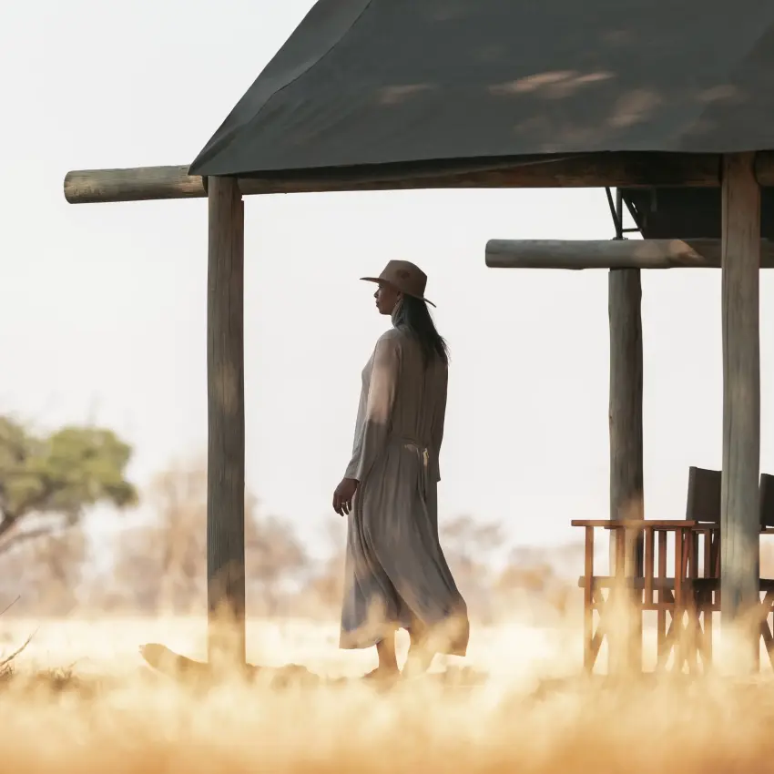 Woman standing under thatched shelter overlooking dry savanna landscape, Davison’s Camp, Hwange National Park, Zimbabwe
