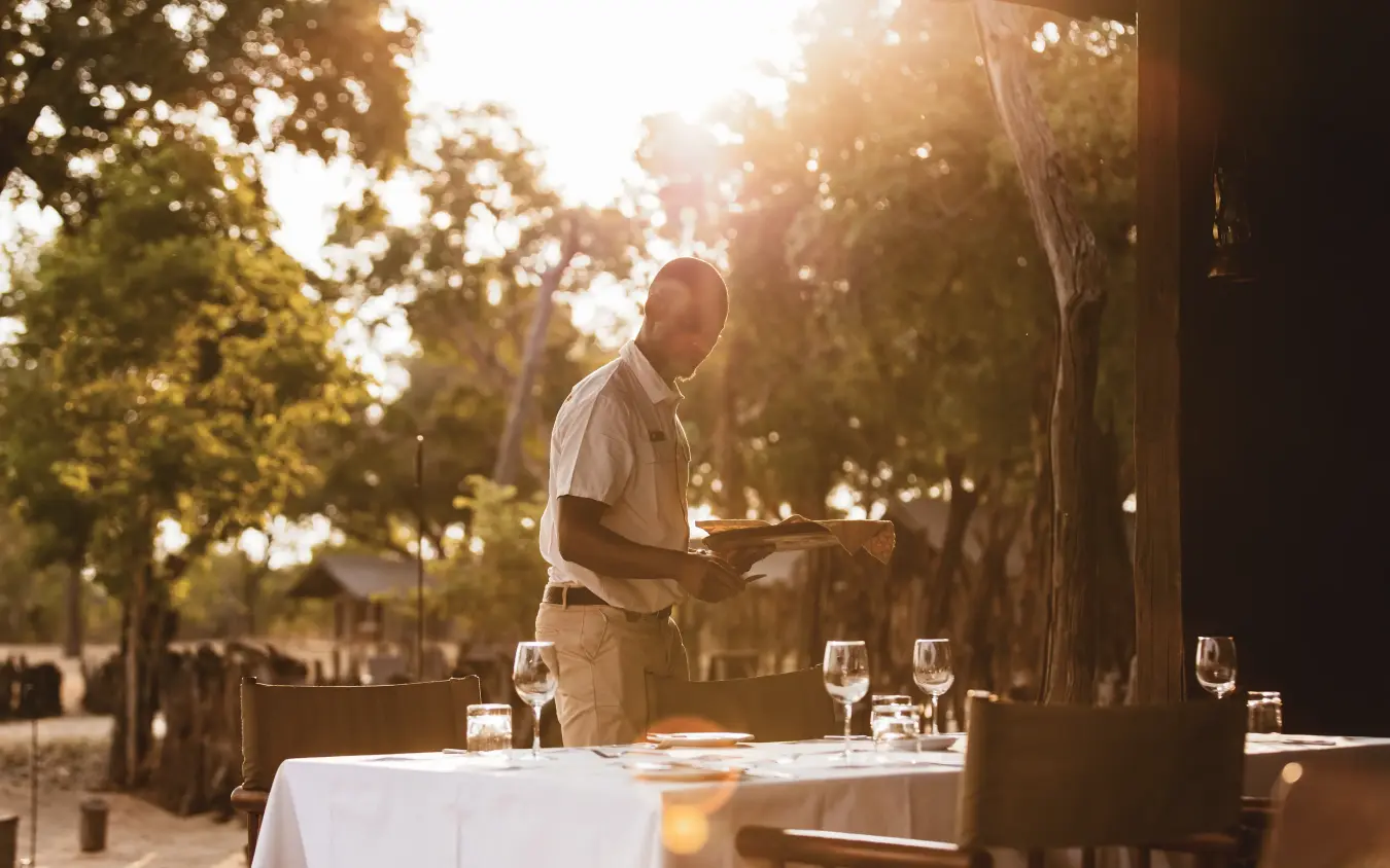 Waiter serving outdoor dining table under tree canopy at sunset, Davison’s Camp, Hwange National Park, Zimbabwe