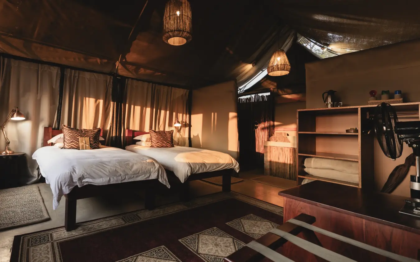 Luxury safari tent bedroom with dual beds and ambient lighting at dusk, Davison’s Camp, Hwange National Park, Zimbabwe