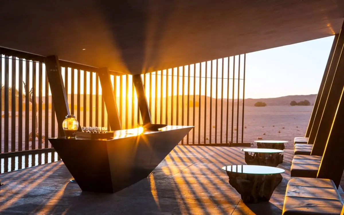 Desert landscape viewed from modern pavilion at sunset, Dead Valley Lodge, Sossusvlei, Namibia