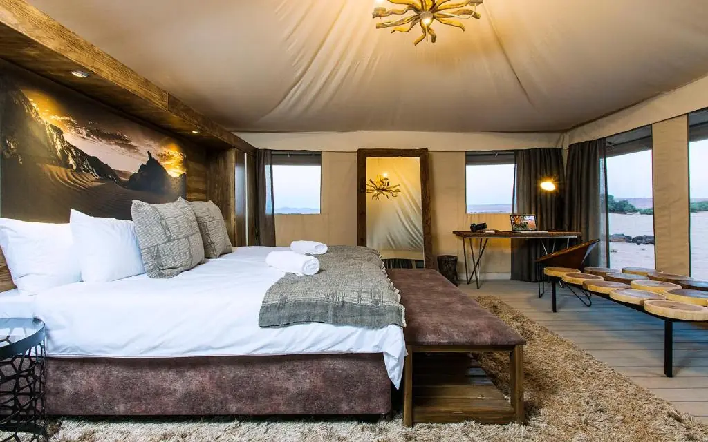 Spacious bedroom with lake views and modern furnishings, Dead Valley Lodge, Sossusvlei, Namibia
