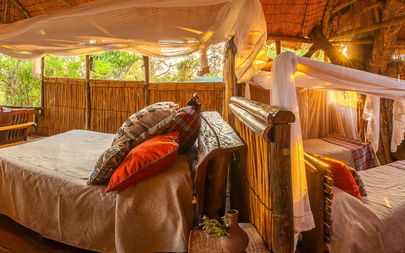 Spacious bedroom with wooden furnishings and natural light, Delta Camp, The Okavango Delta, Botswana