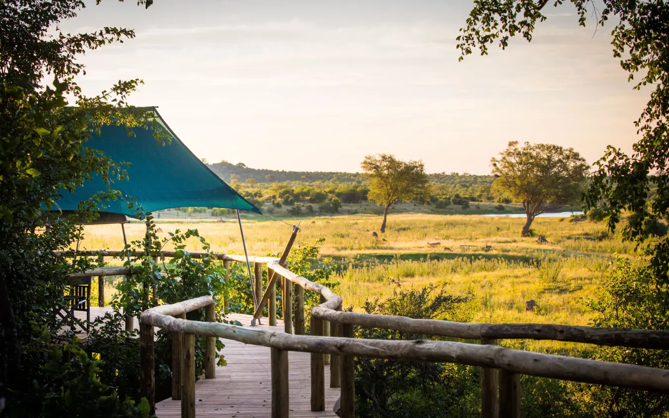 Wooden deck with blue canvas awning overlooking floodplain and river, Deteema Springs Camp, Hwange National Park, Zimbabwe