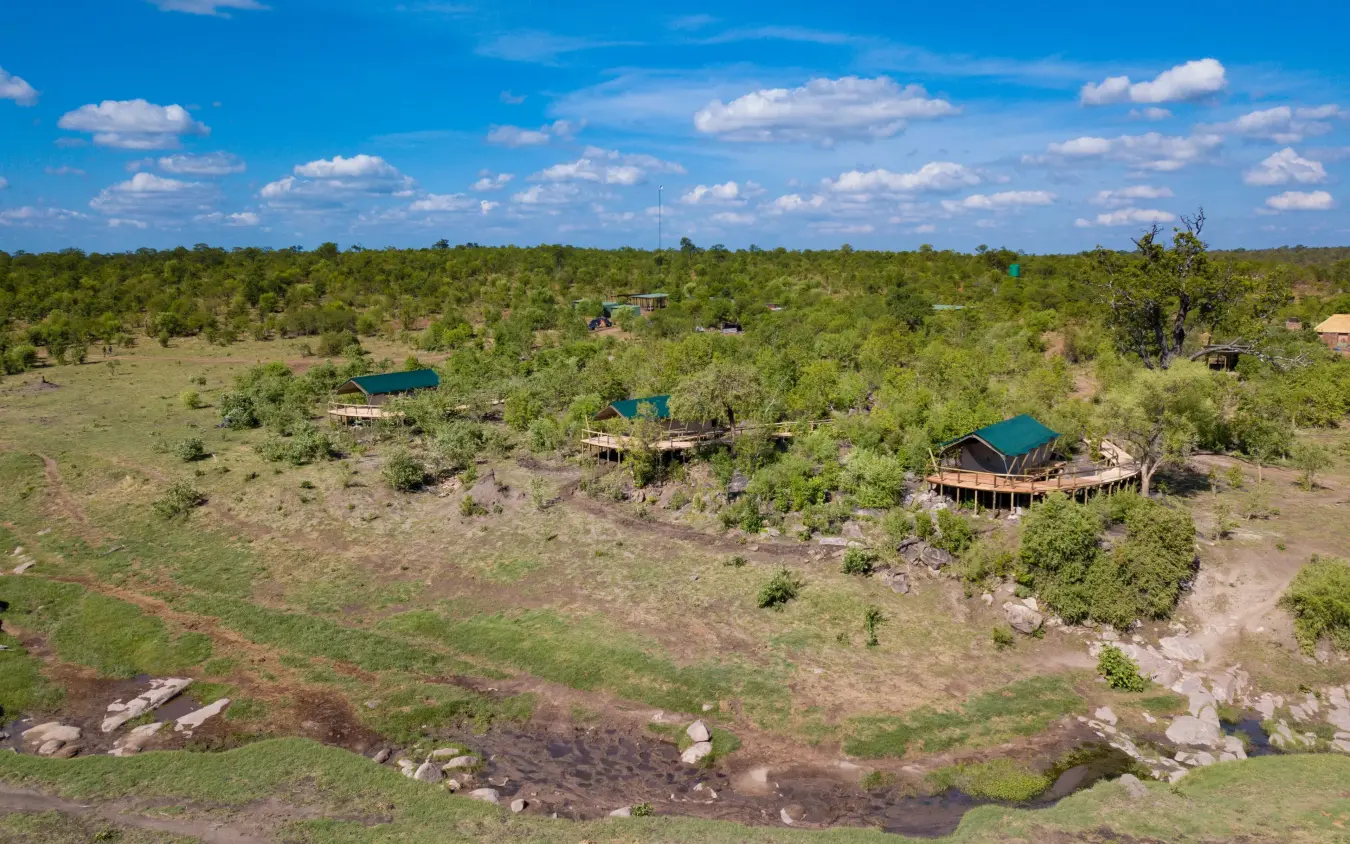 Aerial view of safari lodge with thatched roof structures among acacia trees, Deteema Springs Camp, Hwange National Park, Zimbabwe