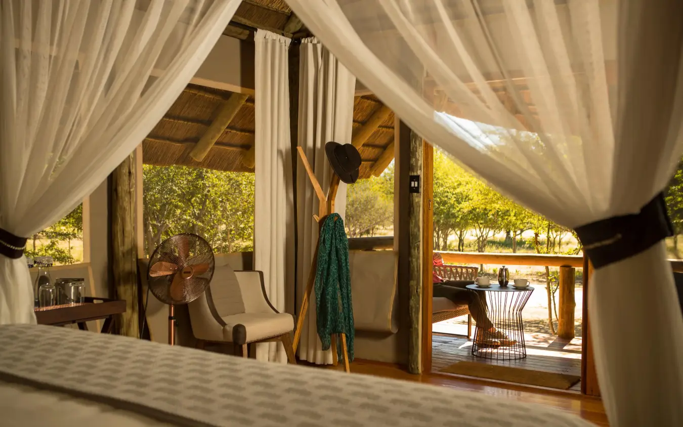 Bedroom with sheer curtains overlooking savanna landscape, Dinaka, Central Kalahari, Botswana