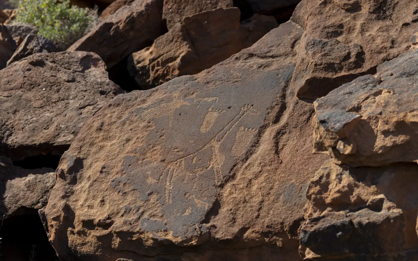 Ancient rock petroglyphs on weathered stone outcrop, Doro Nawas Camp, Damaraland, Namibia