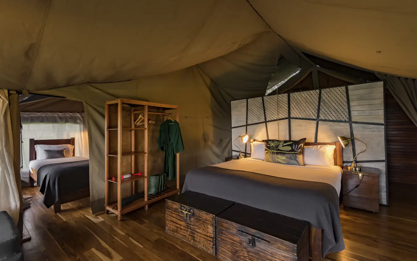Spacious safari tent bedroom with canvas walls and large windows, Dunia Camp, Serengeti National Park, Tanzania