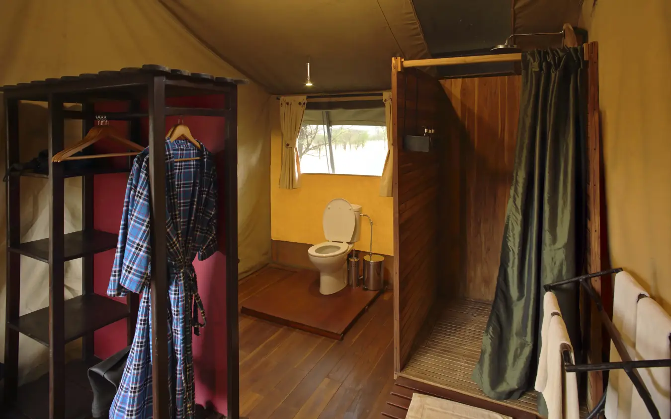Interior of safari tent with wooden furnishings and facilities, Dunia Camp, Serengeti National Park, Tanzania