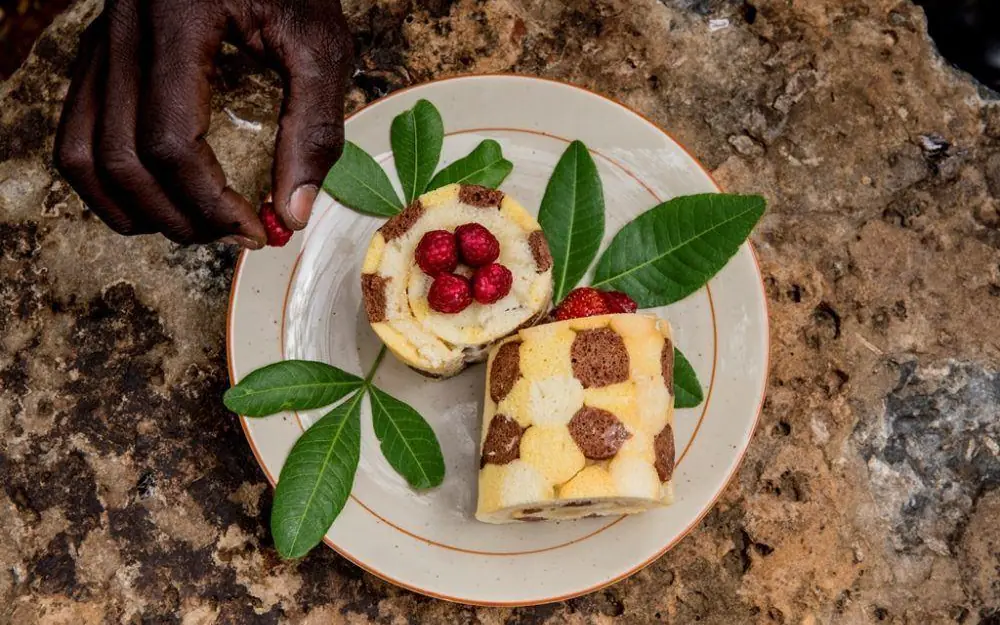 Plated dessert with raspberries and green leaves overhead, Eagle View Camp, Maasai Mara, Kenya