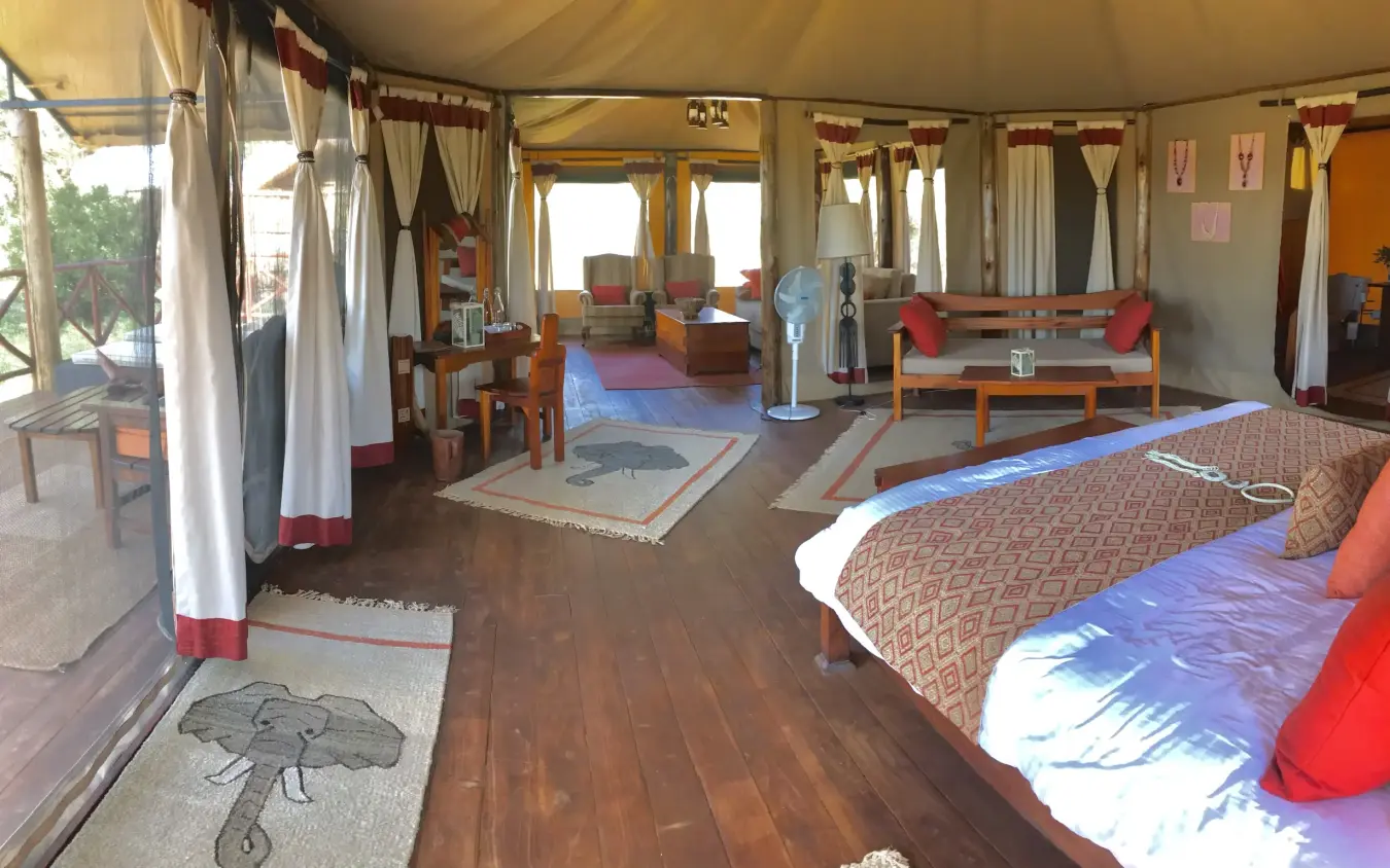 Spacious safari tent interior with beds and canvas furnishings, Elephant Bedroom Camp, Samburu Reserve, Kenya