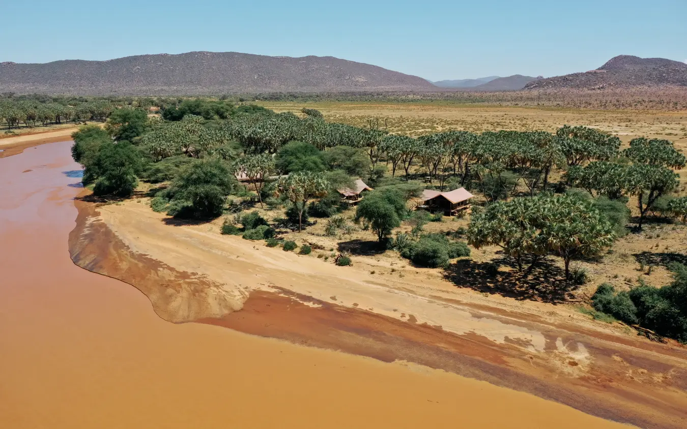 River valley with trees and sandy banks in arid landscape, Elephant Bedroom Camp, Samburu Reserve, Kenya