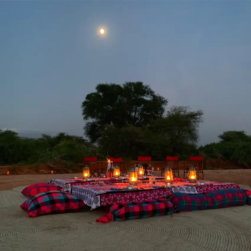 Open-air dining setup under moonlight with lanterns, Elephant Watch Camp, Samburu Reserve, Kenya