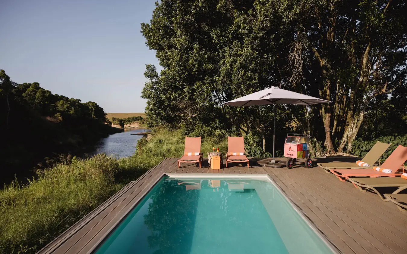 Infinity pool overlooking river with loungers and shade umbrella, Emboo Camp, Maasai Mara, Kenya