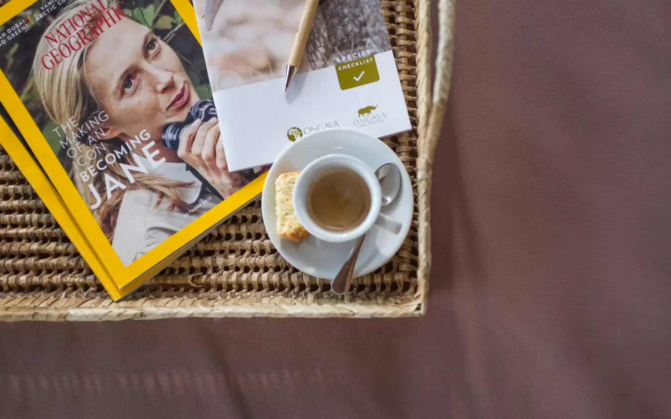 Cup of tea on tray with magazine and correspondence, Encounter by Ongava, Etosha National Park, Namibia