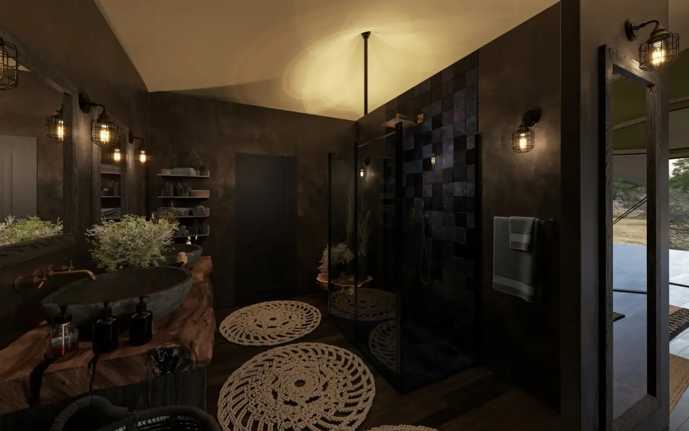 Luxury bathroom with dark tile shower and natural accents, Encounter Mara Camp, Maasai Mara, Kenya