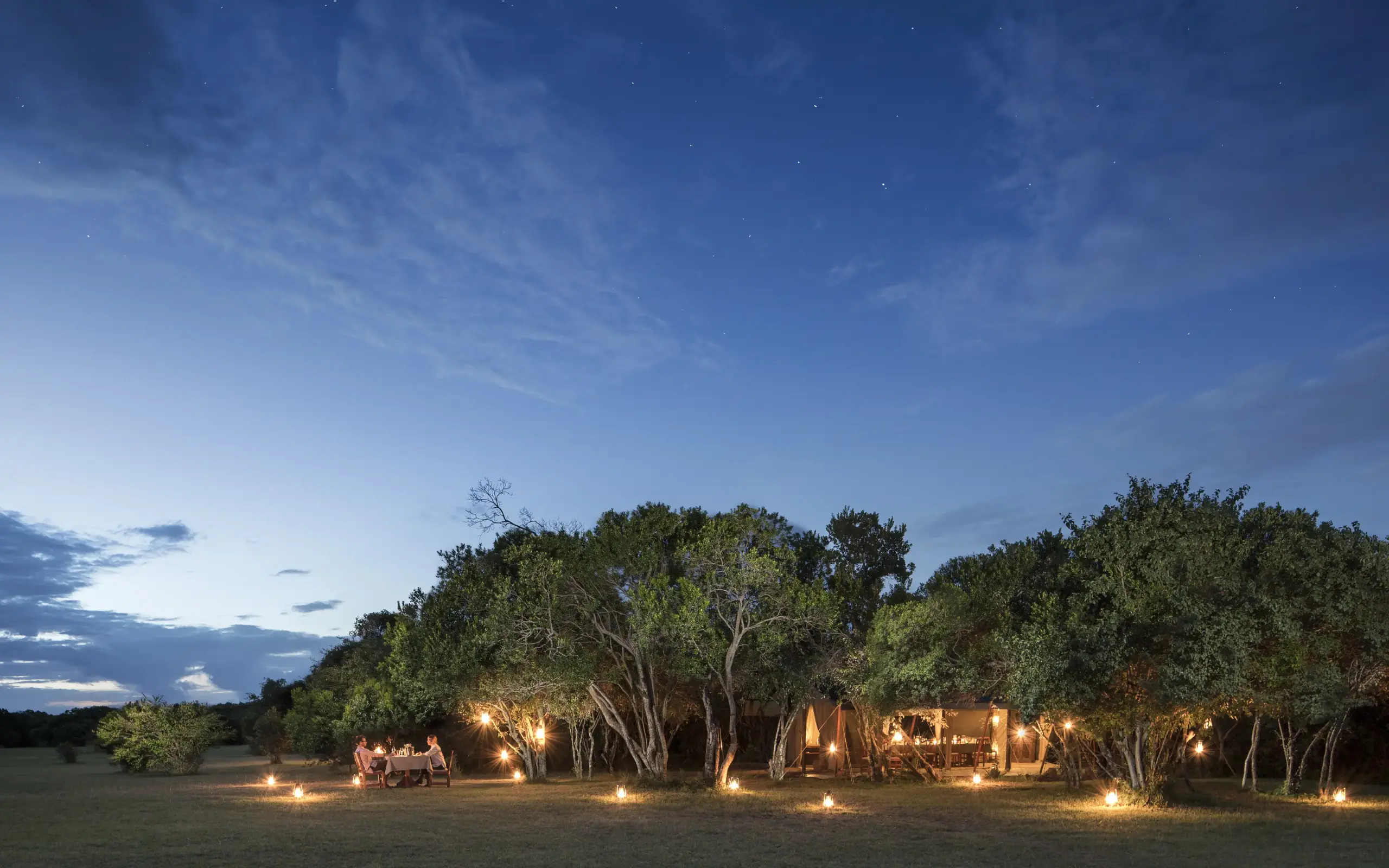 Illuminated safari lodge nestled among acacia trees at dusk, Encounter Mara Camp, Maasai Mara, Kenya