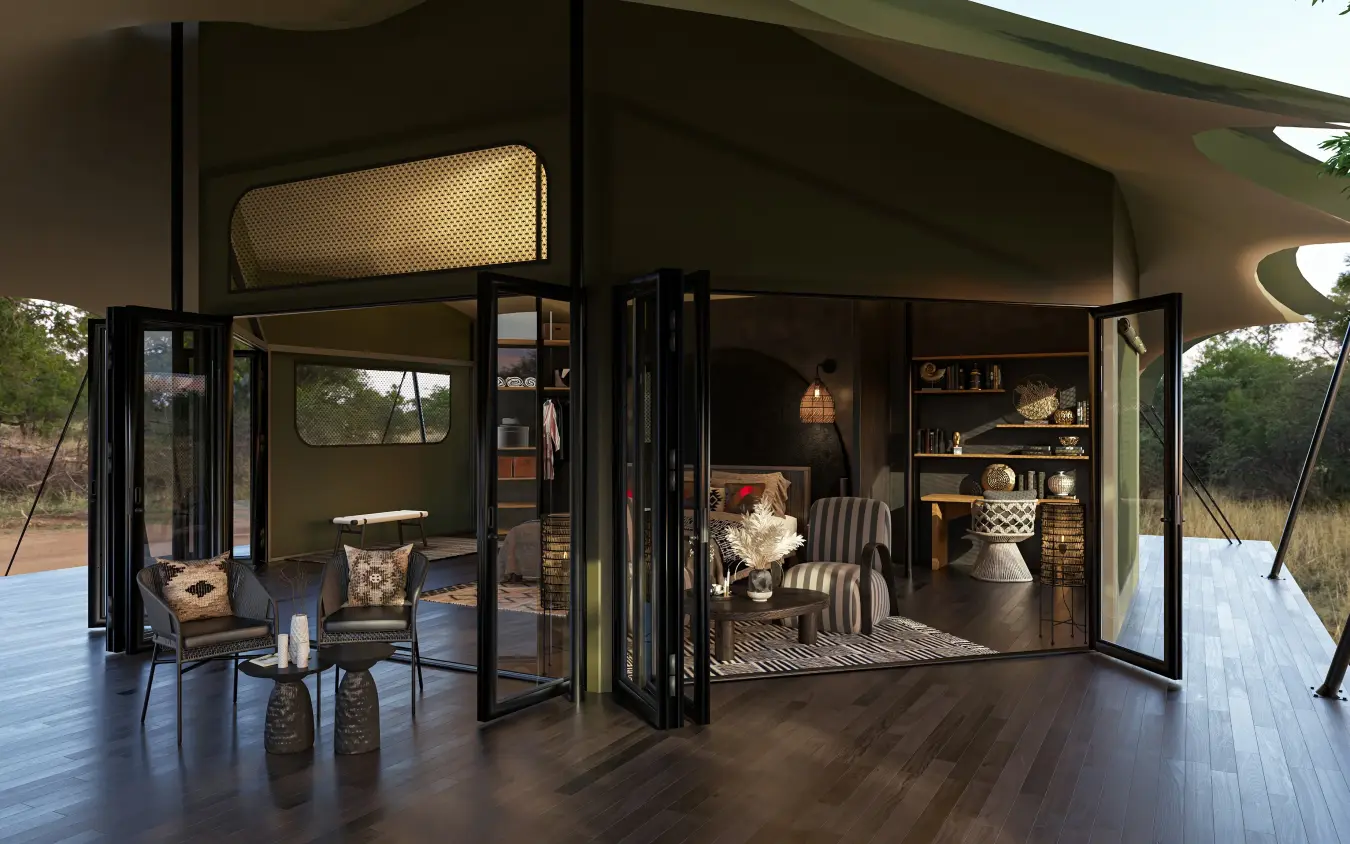 Modern safari lodge interior with open deck and savanna views, Encounter Mara Camp, Maasai Mara, Kenya
