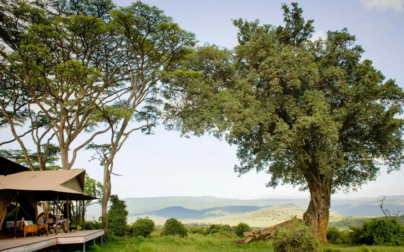 Safari lodge tent overlooking vast green valley landscape, Entamanu Camp, Ngorongoro Crater, Tanzania