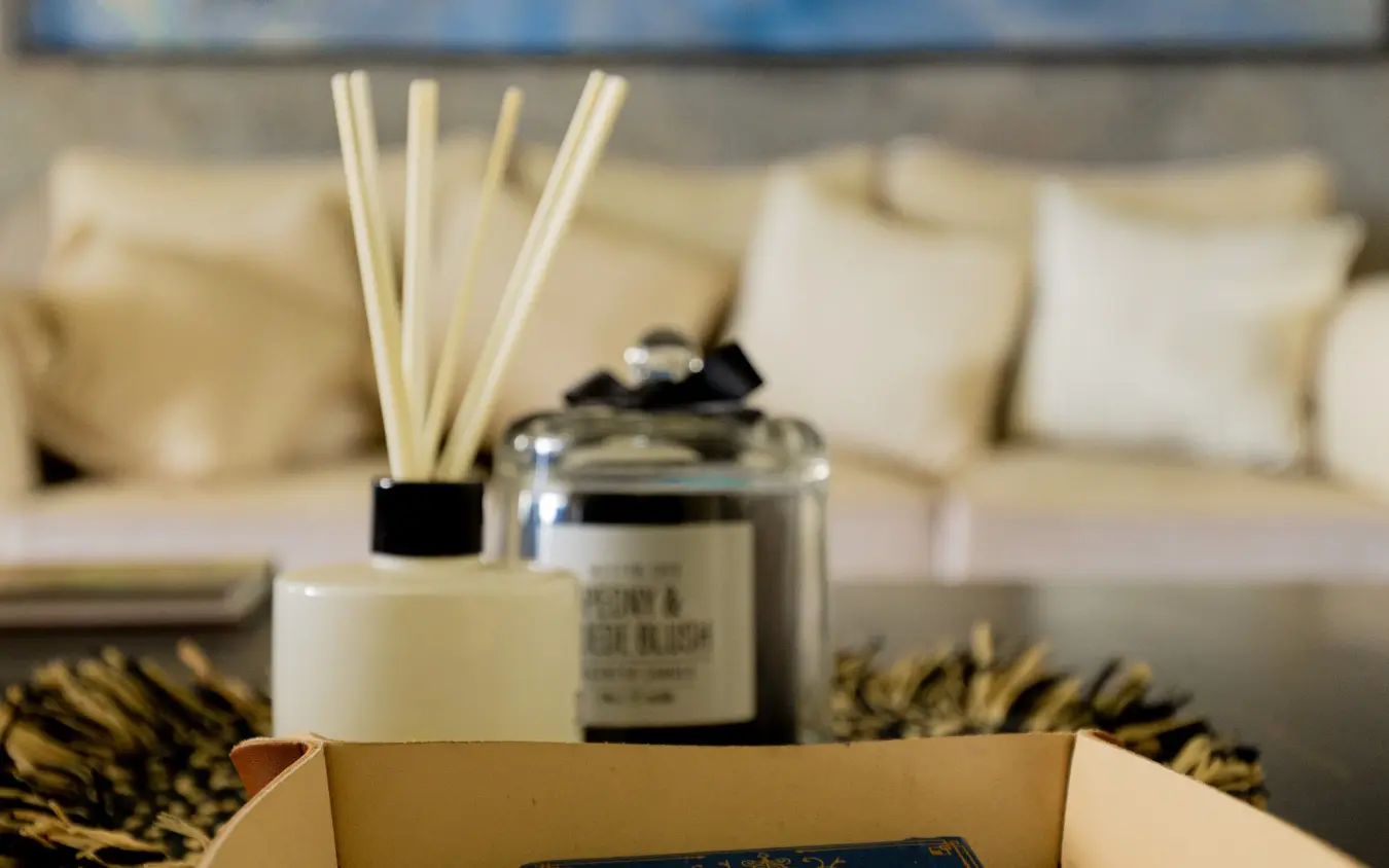 Luxury home fragrance and decorative items on display table, Farmhouse Rwanda, Volcanoes National Park, Rwanda