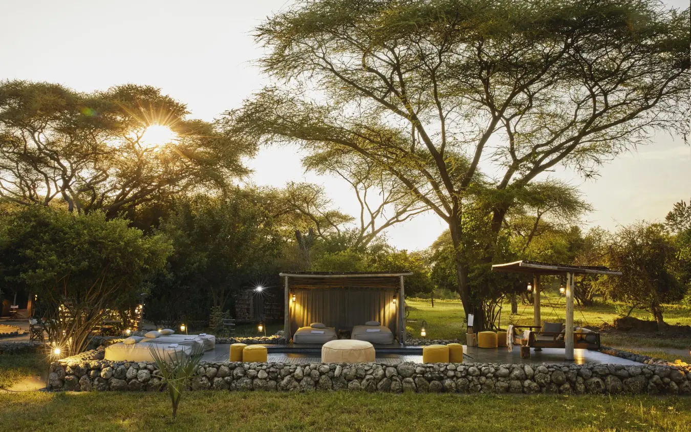 Open-air lodge seating area beneath acacia trees at sunset, Forest Chem Chem, Lake Manyara, Tanzania