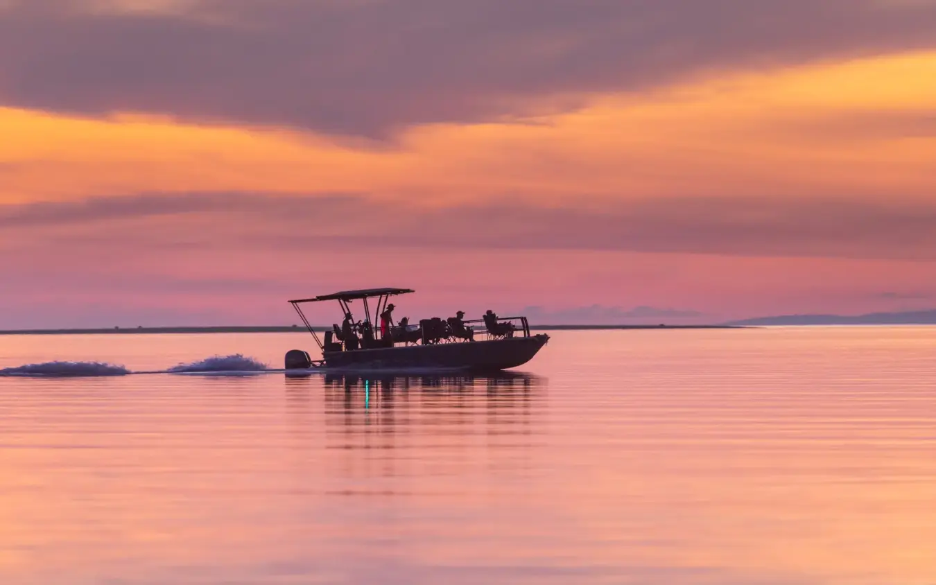 Motorboat with passengers on calm water at sunset, Fothergill Island, Matusadona National Park, Zimbabwe
