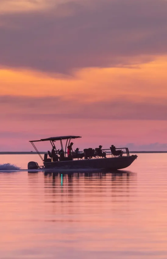 Silhouetted boat with passengers on calm water at sunset, Fothergill Island, Matusadona National Park, Zimbabwe