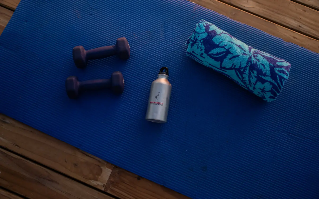 Home fitness setup with dumbbells and water bottle on exercise mat, Fothergill Island, Matusadona National Park, Zimbabwe