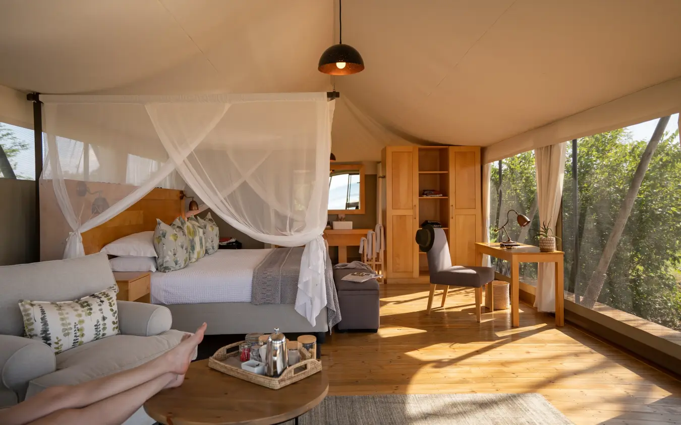 Luxury safari tent interior with canopied bed and forest views, Fothergill Island, Matusadona National Park, Zimbabwe