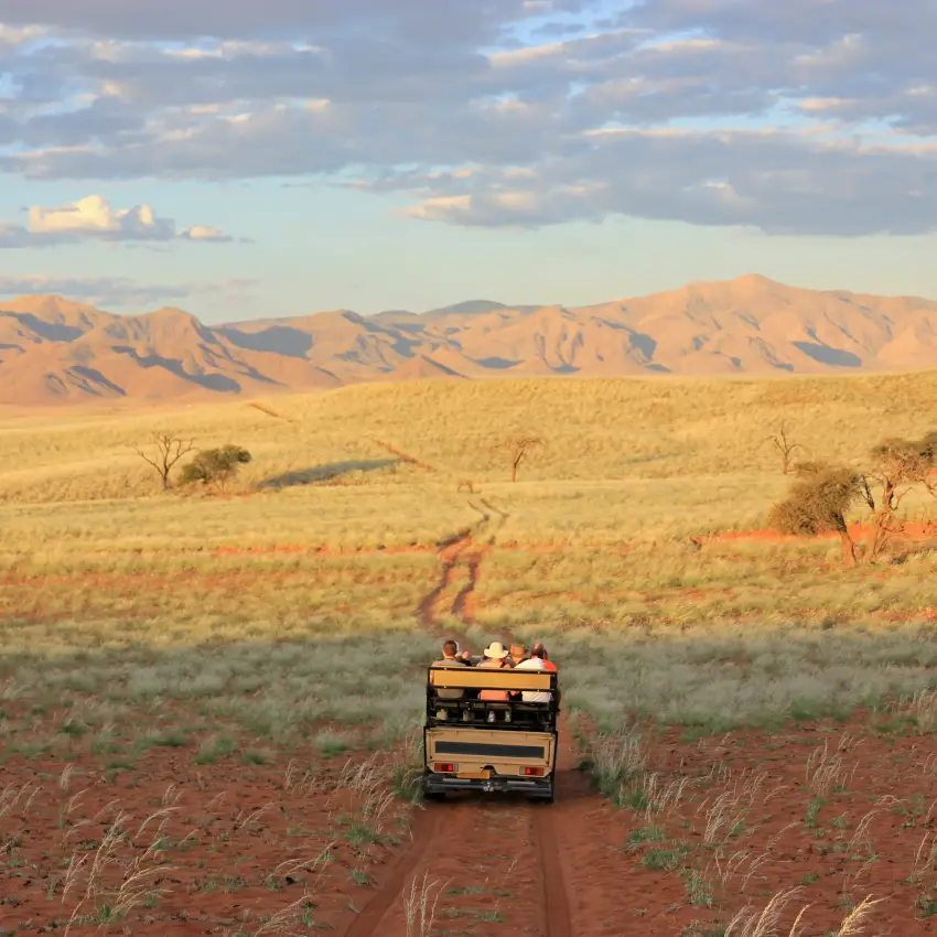 Open-air safari vehicle driving through Namibian savanna landscape